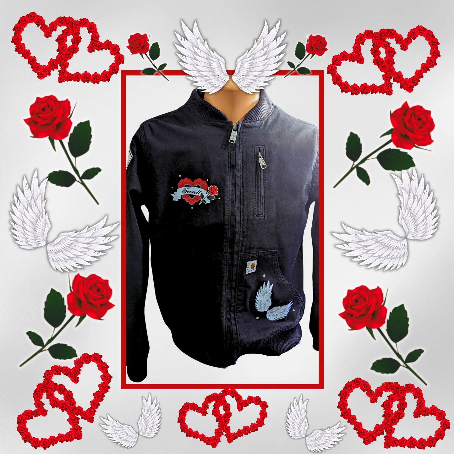 Custom Jean Jacket- Heart, Roses and Wings