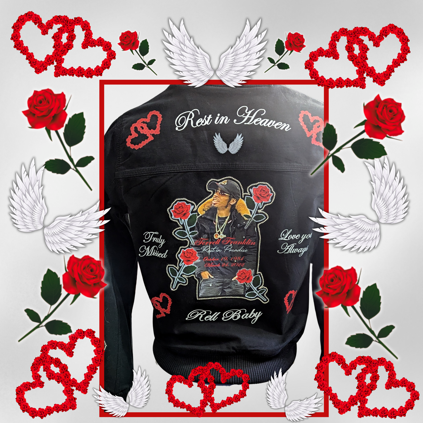 Custom Jean Jacket- Heart, Roses and Wings